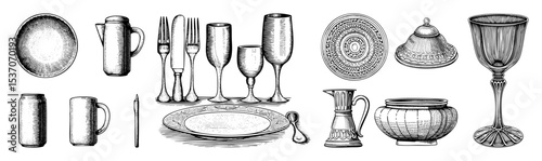 Vector Vintage tableware collection featuring plates glasses and ornate serving pieces.