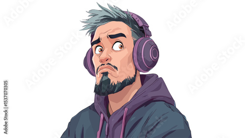Close-up digital illustration of a cartoon man's head and shoulders. The man has short gray and light-green hair, a goatee, and is wearing large purple over-ear headphones and a purple hoodie. His