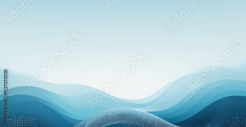 Abstract blue waves ripple across a misty mountain landscape at sunrise