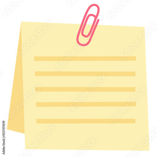 Simple flat design of a paper note with lines and a pink paper clip. Perfect for planning, reminders, schoolwork, and productivity illustrations.