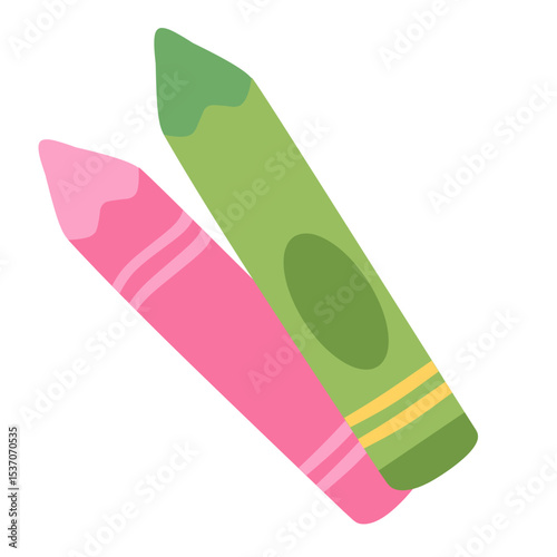 Flat style vector of two colorful crayons in pink and green. Perfect for school, kids, and education-related designs. Ideal for web, print, or educational content.