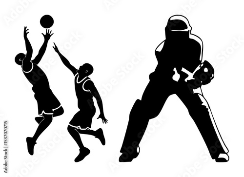 Vector Athletic silhouettes depict basketball players and a football player in dynamic action.