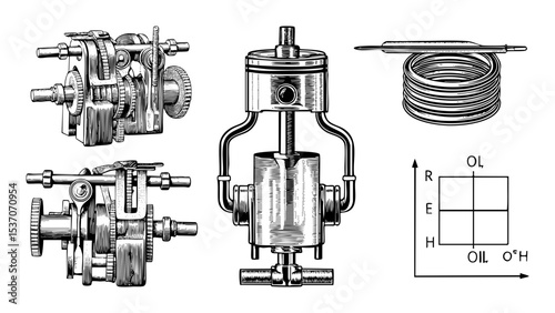 Vector Detailed illustrations of automotive components and a fluid level indicator.