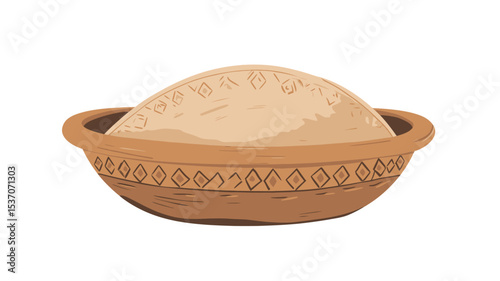 A digital illustration depicting a light beige, dome-shaped baked good nestled within a rustic, light brown earthenware bowl. The bowl is oval-shaped with a repeating geometric pattern etched into