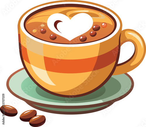 Aromatic latte with heart design in orange cup
