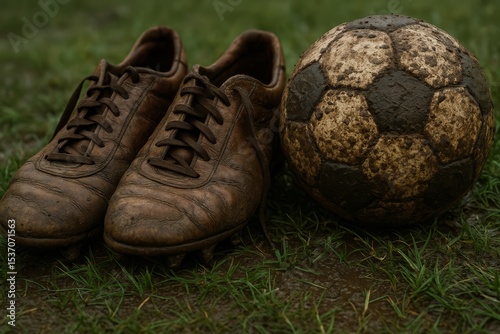 Old soccer shoes and a muddy ball resting on grass in a wet field illuminated by soft natural light