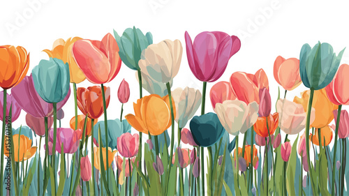 A digital illustration or painting depicting a horizontal border of various colored tulips. The tulips are rendered in a painterly style with visible brushstrokes, exhibiting a range of pastel and