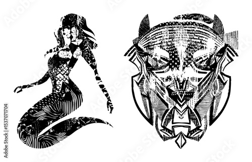 Vector Mythical siren and demonic face vector illustrations showcase intricate linework.