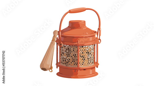 Close-up studio shot of an orange plastic lantern-shaped bird feeder. The feeder is filled with birdseed visible through the sides.  It has a small, attached wooden spoon or paddle.