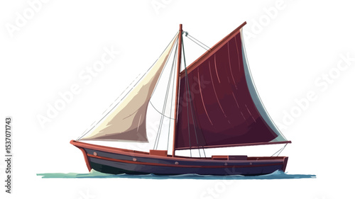A digital illustration of a classic sailing yacht depicted against a white background. The yacht is predominantly brown with a red and beige sail. It features a gaff rig and displays a smooth,