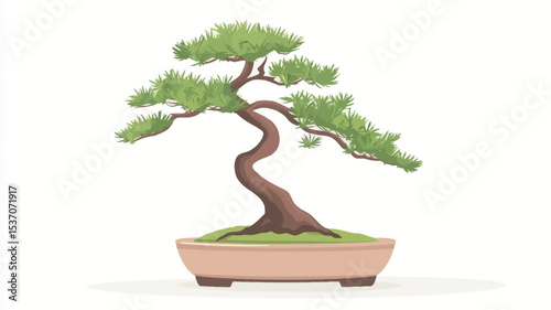 A digital illustration of a bonsai tree in a light brown oval pot. The bonsai tree is a stylized pine tree with dark brown, gnarled trunk and branches. The leaves are a vibrant green.