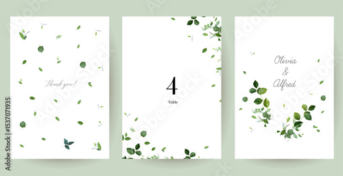 Herbal minimalist vector banners. Hand painted plants, branches, leaves on a white backgrounds. Greenery wedding simple templates. Watercolor style cards. All elements are isolated and editable