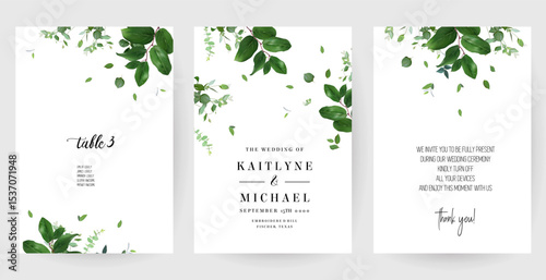 Herbal minimalist vector banners. Hand painted plants, branches, leaves on a white backgrounds. Greenery wedding simple templates. Watercolor style cards. All elements are isolated and editable