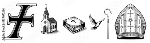 Vector Religious Symbols Collection: Cross Church Bible  Staff and Mitre