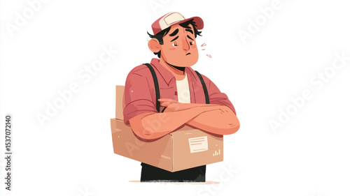 A digital illustration depicting a man, possibly a delivery worker, with a weary expression. He is wearing a red shirt, suspenders, and a baseball cap.  Multiple cardboard boxes are depicted