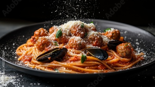 Delicious spaghetti with meatballs, clams, and parmesan photo