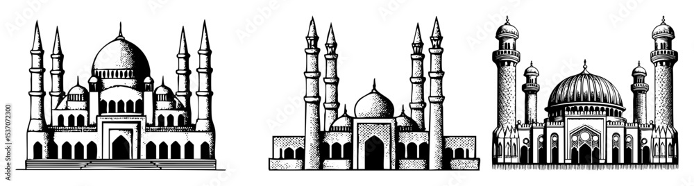 Naklejka premium Vector Detailed illustrations of three ornate Islamic mosques with minarets.