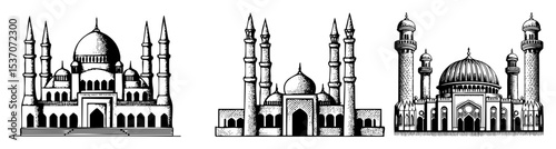 Vector Detailed illustrations of three ornate Islamic mosques with minarets.