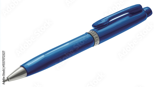 A high-angle, close-up studio shot depicts a single blue ballpoint pen against a white background. The pen is predominantly blue with a silver-toned tip and accents.  The pen's body appears smooth