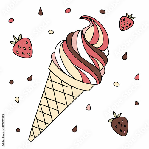 Delicious strawberry swirl ice cream cone treat
