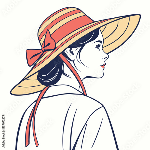 Elegant woman profile summer hat fashion illustration