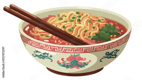 A digital illustration depicting a bowl of noodles in a broth. The bowl is off-white with a decorative pattern featuring red and green accents.  The noodles appear to be light yellow and are topped
