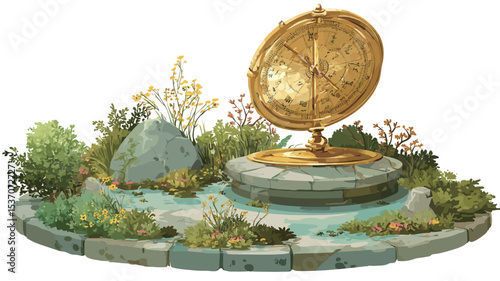 A digital painting depicting a golden compass or sundial on a stone base, situated within a small, circular garden. The garden features various small plants, rocks, and a suggestion of a small pool