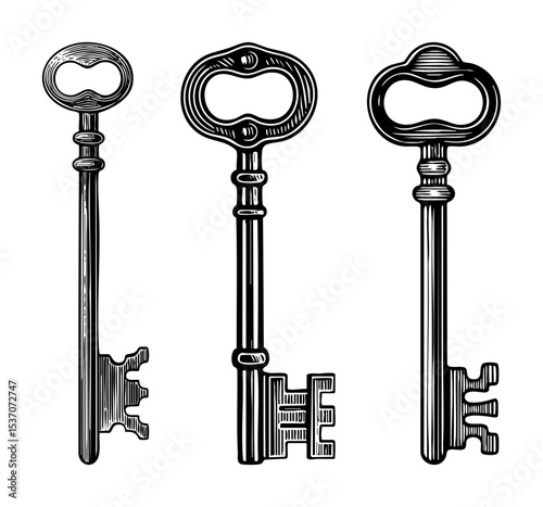 Vector Three antique skeleton keys are displayed in a vertical arrangement.