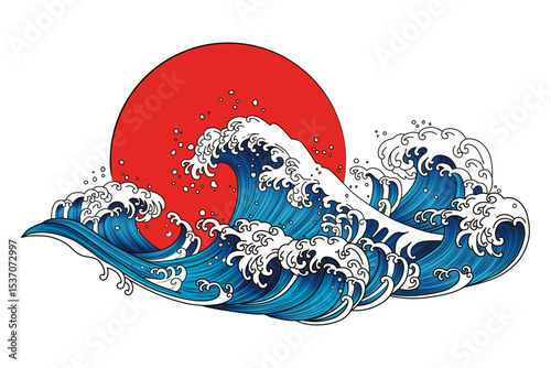 Japanese sea wave colored vector. Wallpaper design with graphic ocean wave pattern. Modern luxury oriental illustration for cover, banner, website, decor, border.