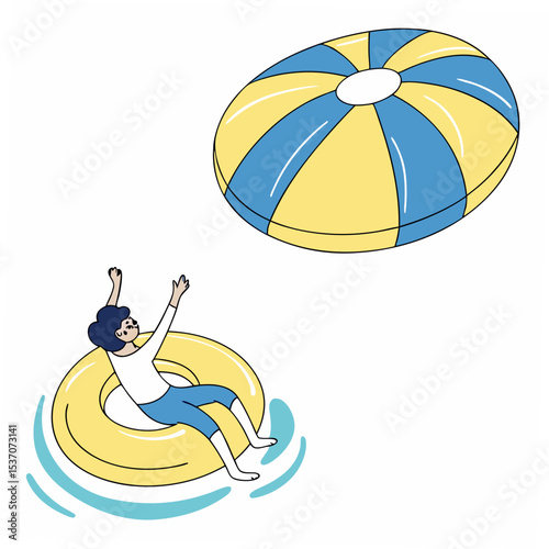 Happy person floating on inflatable ring and beach ball