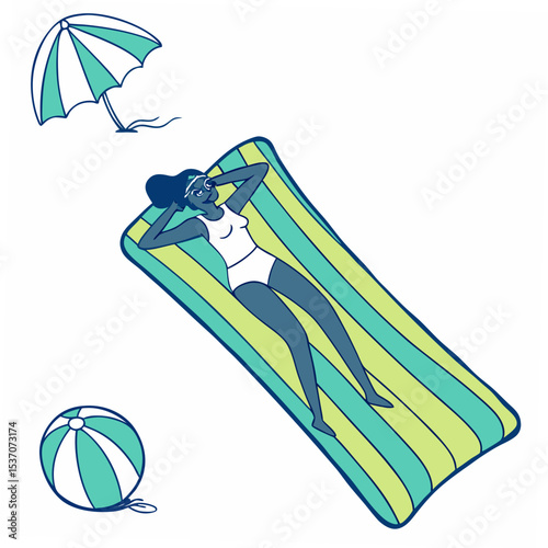 Woman relaxing on striped inflatable raft summer fun