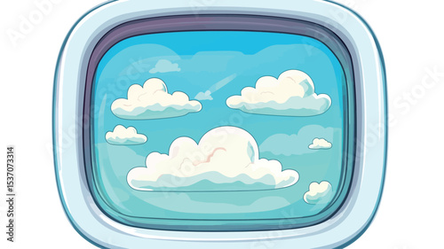 A stylized cartoon illustration depicting a rectangular airplane window frame.  The window shows a view of a bright blue sky with several fluffy white clouds. The clouds are rendered in a soft,