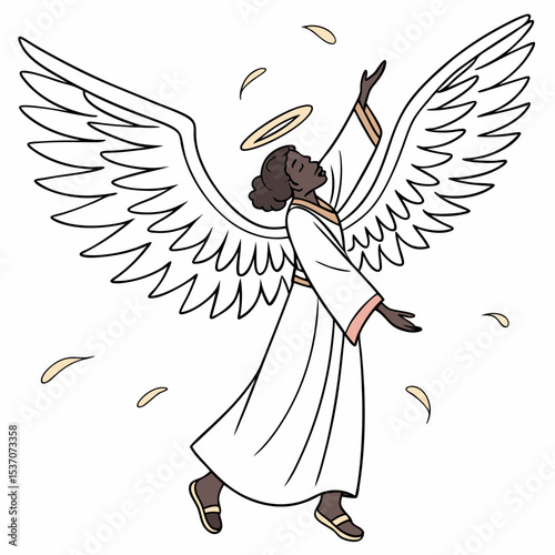 Black angel walking with large wings and halo