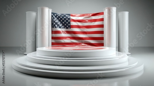 Stage with American flag backdrop in a modern setting for a presentation or event