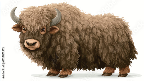 A digital illustration of a yak, depicted in a full-body profile view against a plain white background.  The yak is predominantly brown and tan, with exceptionally long, shaggy hair covering its