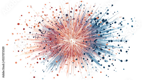 The image is a digital illustration depicting an abstract burst of particles. The particles are predominantly red, blue, and white, radiating outwards from a central point. The colors are vibrant