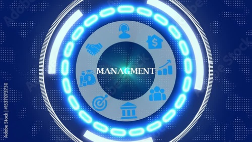 a management button on a futuristic high-tech business interface, glowing holographic blue HUD circle with digital icons, modern corporate control and planning concept