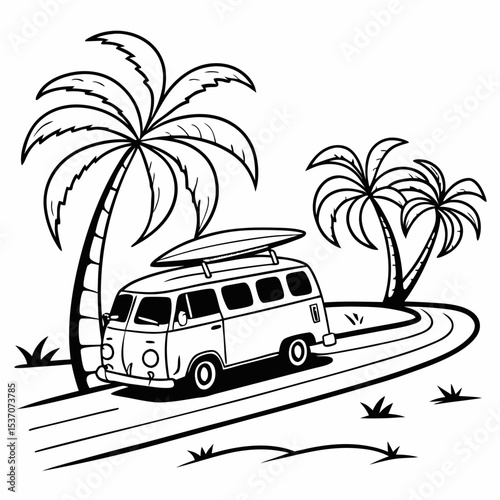 Vintage surf van palm trees road trip graphic design element