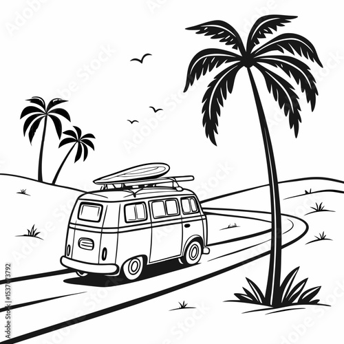 Vintage camper van surf trip coastal road palm trees