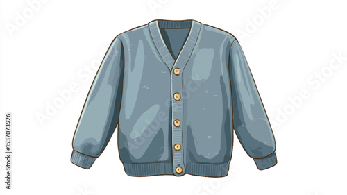 Illustration of a light blue cardigan sweater with gold buttons. The sweater is depicted in a front view, showing the v-neckline, buttons down the front, and long sleeves. The style is casual and