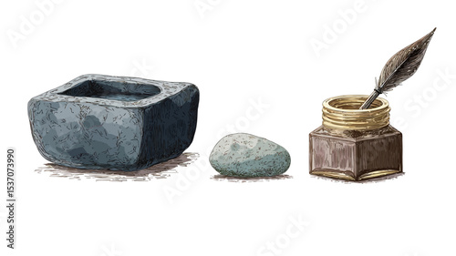 A digital watercolor illustration depicts three objects arranged horizontally against a light beige background.  The objects are: a square, grey stone inkwell; a smooth, light grey/blue stone