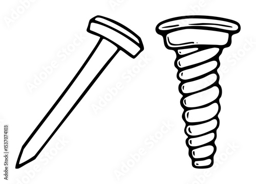 Vector Metal fasteners a nail and a screw depicted as simple vector illustrations.