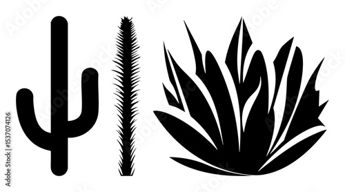 Vector Desert flora silhouettes featuring cactus succulent and agave plants.