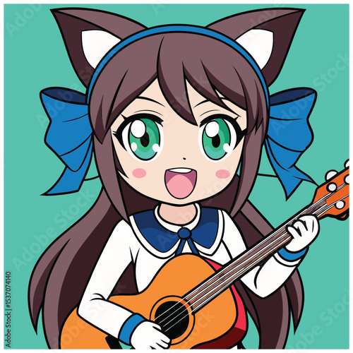 Anime Style Girl Playing Guitar – Cute Female Musician with Electric or Acoustic Guitar in Japanese Manga Style – Kawaii Character Art for Music, Pop Culture, or Otaku Themes	
