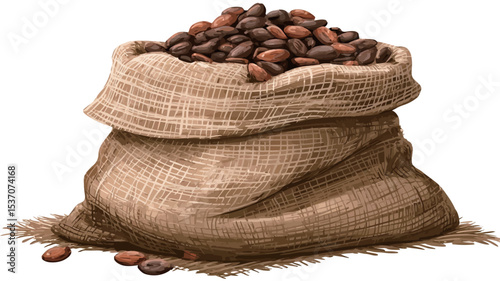 A digital illustration depicting a burlap sack overflowing with dark brown cocoa beans. The sack is light brown and slightly wrinkled, sitting on a small pile of loose cocoa beans against a white