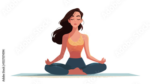 A stylized cartoon illustration depicts a young woman with long brown hair sitting in a lotus position on a white surface against a white background.  She is wearing a yellow sports bra and dark