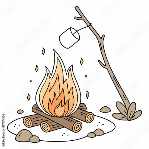 Campfire scene with marshmallow roasting over flames