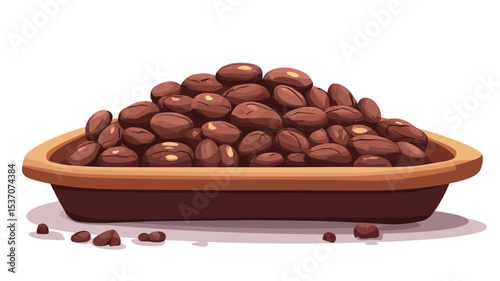 Digital illustration of a pile of brown beans in a brown, shallow, rectangular bowl. The beans are depicted in a cartoonish style, with slightly irregular shapes and shading to suggest texture