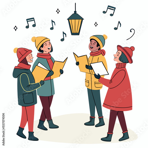 Joyful carolers singing christmas songs winter illustration