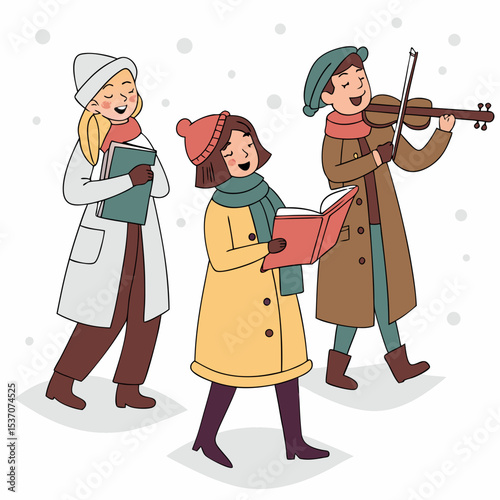 Winter carolers singing christmas songs with violin